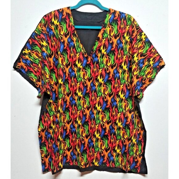 FLAMES FIRE PRINT Scrub Top short sleeve 2X/3X black orange blue vibrant pullove - Picture 1 of 4